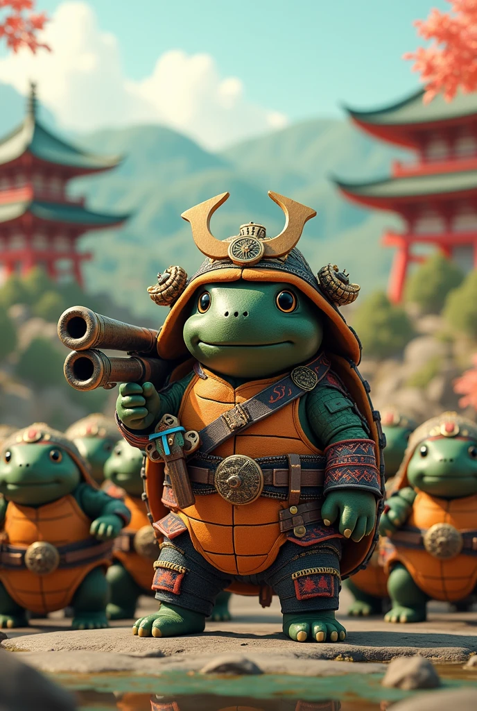 A stuffed turtle dressed as a samurai　Bring along your stuffed animal companions　All the stuffed animals are turtles　Make them all stuffed turtles　10 friends is good　With a cannon on his back