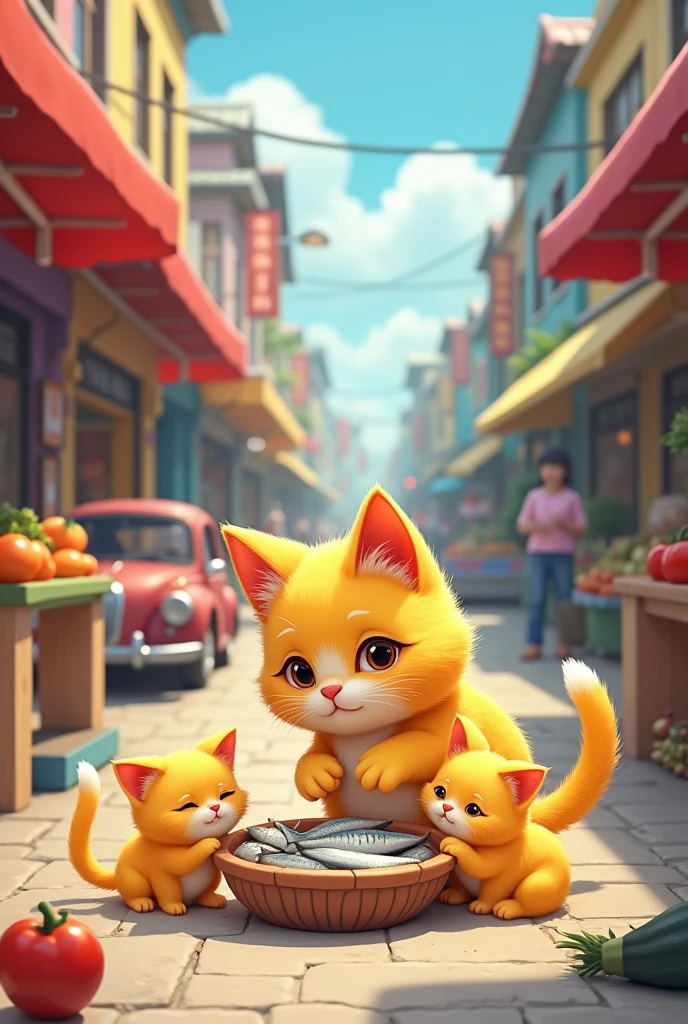 cute yellow cat kittens is hungry cute yellow cat has on food for kittens
Market building street cars shops of fish