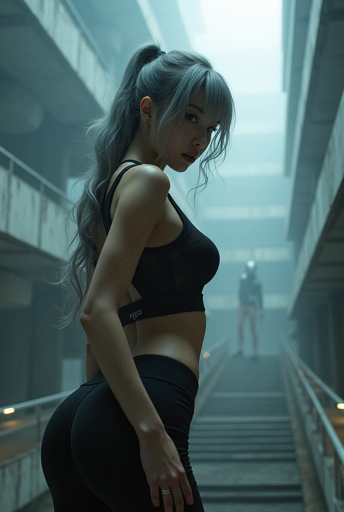 (nsfw:1.3), masterpiece, Best Quality, hyper Realistic, A mysterious and sophisticated beautiful young gravure Japanese woman with blue eyes wears futuristic and sexy fashion art. back shot, focus ass, from below, Detailed clothing, woman is climbing at a wide angle, with her full body in frame. (huge Round and Plump Muscular buttocs), Sensual curve, sexy oily skin, sexy large breasts, slim waist, /// A sporty and modern outfit featuring a cropped top with a subtle black logo "AGPI", , designed to accentuate the body’s contours. The top is paired with (fish net mesh) overlay that adds a stylish, athletic vibe. The cropped length of both tops creates a layered look. Completing the outfit is an oversized jacket that provides a cool and voluminous contrast, balancing the overall appearance and enhancing the active, abs, urban aesthetic. /// The wear hugs her body tightly, accentuating her curves and digging sensuously into her skin, hyper small head and face, wide and big Duck mouth, half open mouth, perfectly aligned teeth, perfect beautiful wide teeth, Detailed eyes, light blue eyes, half open eyes, shiny Droopy eyes, gray hair, looking other, She is situated within the interior of a futuristic colony, with mist drifting and steam rising from concrete
