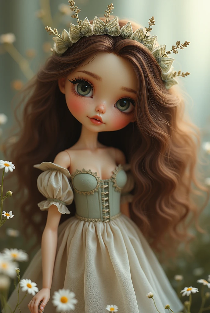 A blyth foll with long brown curly hair, fair skin and a beauty spot on left cheek