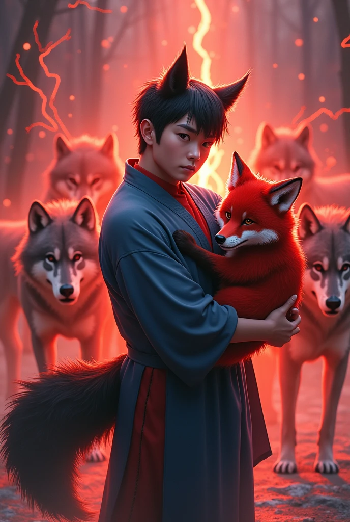 asian men,Round face,chubby,black hair,short hair,With wolf ears.,Blue Chinese shirt,Red inner shirt,With a wolf tail.,straight face,Holding a red fox,electricity,Red Light,ข้างหลังมีหมาป่าelectricityสีแดง,