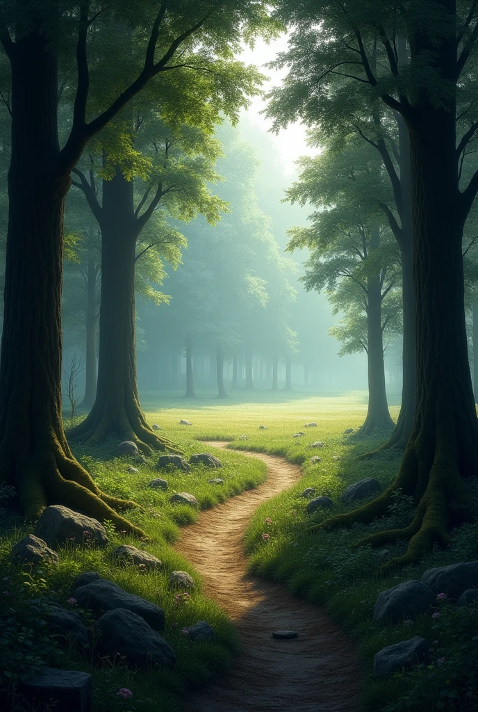 Make a forest with low lighting, next to an open field