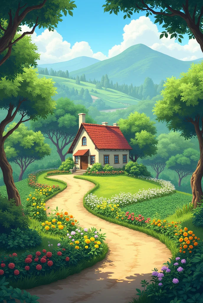 A small home in the middle of a huge garden, road that follows with berry and mango trees right side of the road, papaya and fruit trees on left side, small flowers along the road that leads to paradise