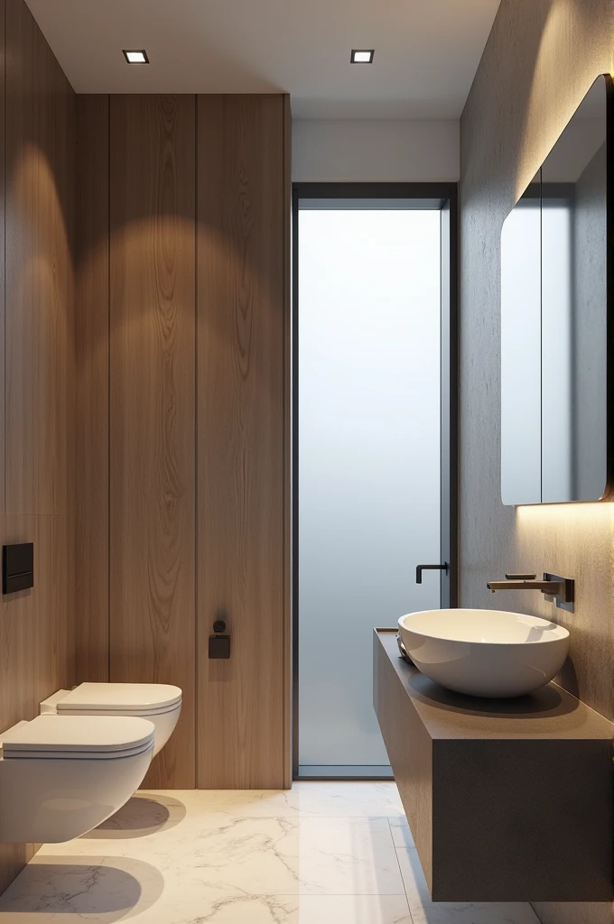 contemporary bathroom , small frosted glass window, super realistic render vray, with glass box up to the ceiling , suspended sanitary ware, stone sink countertop, wooden panel ,premium bathroom design, Cinematic Soft Vray,high quality rendering, render vray, Smooth, studio-quality rendering, vray 8k rendering, very realistic 3D rendering, render in vray, very realistic render