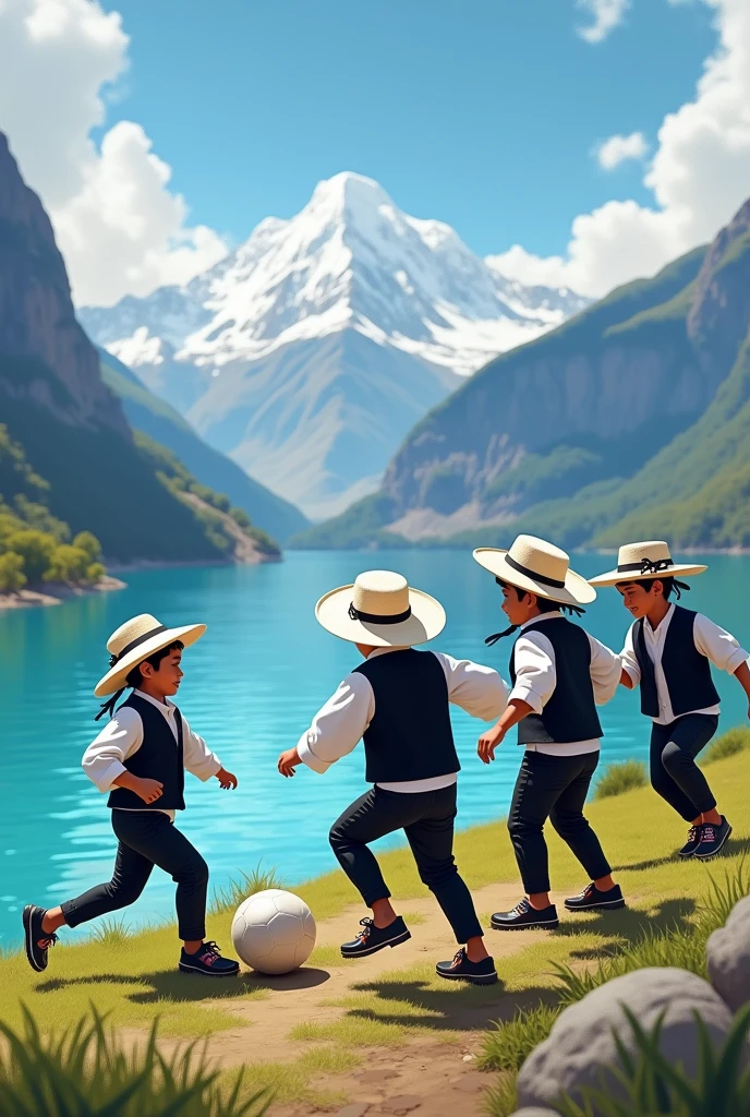 Various Peruvian Andean children with white hats and black ribbons, black vest, White shirt, black pants and black sandals Playing soccer next to the blue lagoon