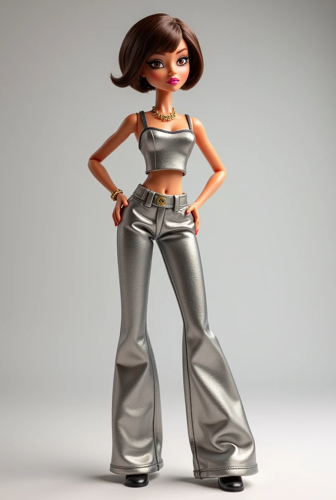 Create a white skin bratz doll, short hair, Brown eyes dressed in a silver top and wide pants that match her clothes and makeup