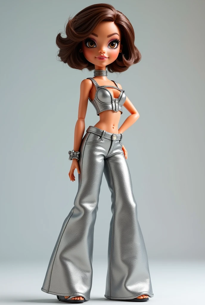 Create a white skin bratz doll, short hair, Brown eyes dressed in a silver top and wide pants that match her clothes and makeup