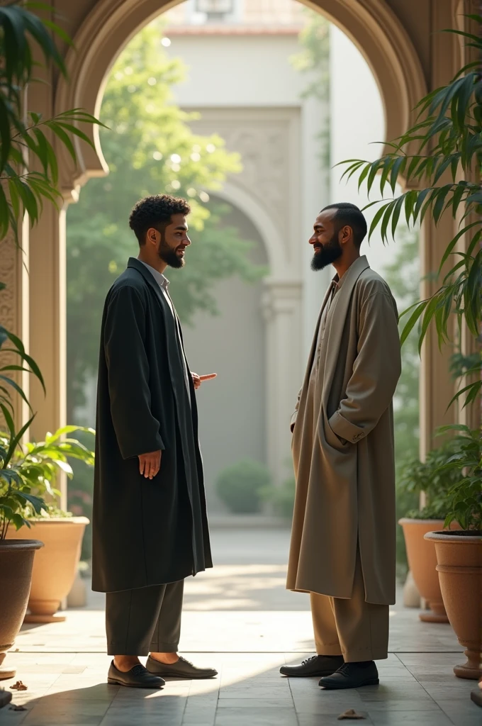 Create a Two modern Muslim man talking about something and a balance place with them
