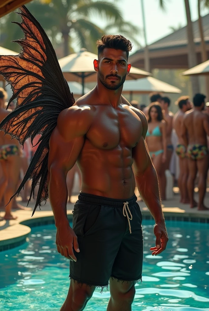 Hunk latino in pool party with dark tattered fairy wings