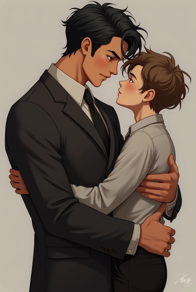 create an image where a 1 boy appears who is alpha, muscled body, Black hair, brown eyes and hugging a 1 boy, delgado, omega, brown hair and honey colored eyes. The alpha has to have formal clothes and the omega casual clothes