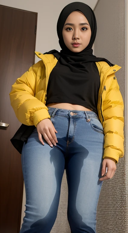 1 malay woman with plain hijab. 1. beautiful face. medium breast. light yellow legging. evening  view. beautiful photo 4k remastered. peeing pants