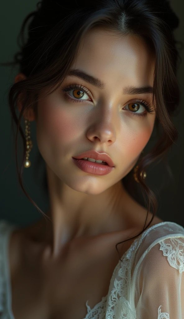close-up portrait photo of a beautiful 2.oh woman, make up, 8k hd, high qualiy, Dramatic, cinematographic
