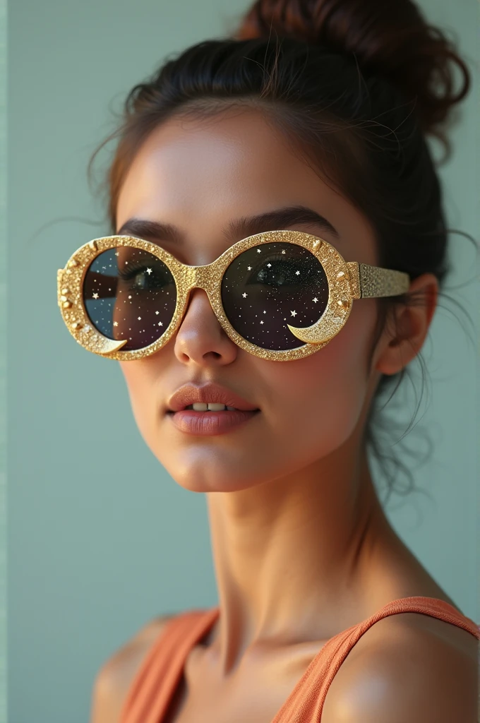 The model is wearing glass sunglasses with stars and the moon on the glass
