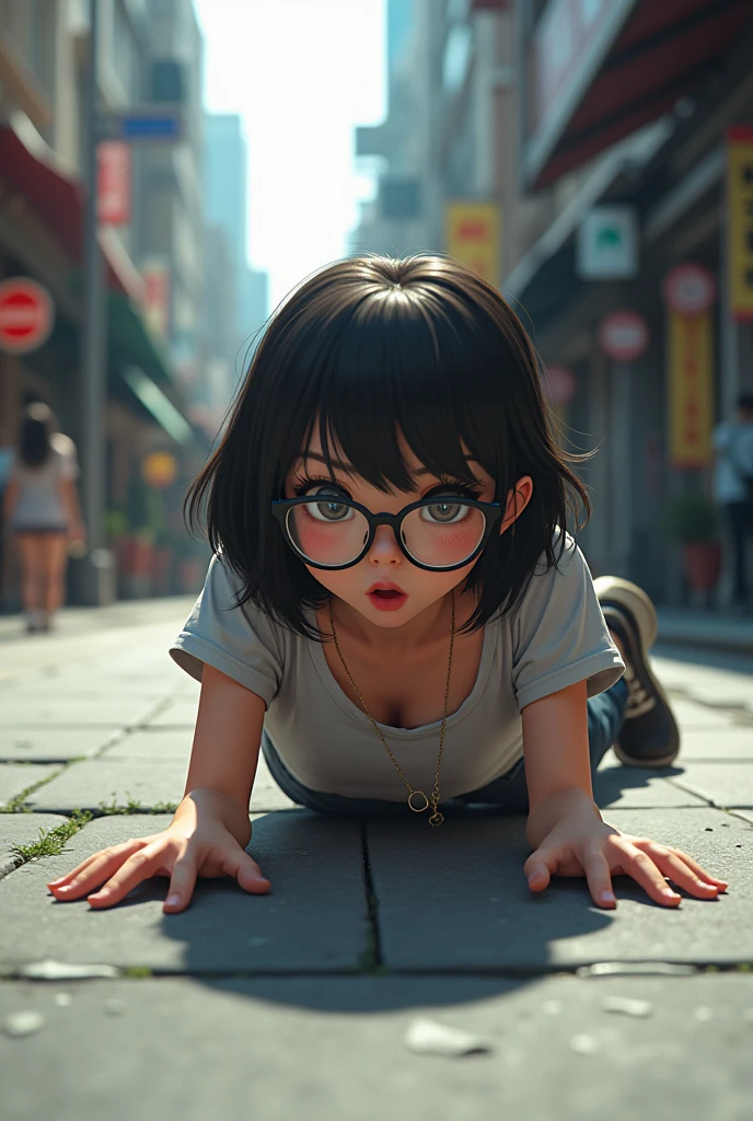 nsfw,1girl,18yo,perfect hands, perfect finger,perfect anatomy, masterpiece, best quality,realistic, hyperrealistic, 16k hdr,, aamii, short hair, black hair, blue eyes, glasses, (no bra,no panty, T-shirt,denim mini skirt:1.2),(lift up T-shirt),outdoor, from below,(sweat:1.3),(red blush, smile),small breasts,necklace,(leaning forward,squatin:1.2,pubic hair:1.3),(wink),(peace sign:1.3),