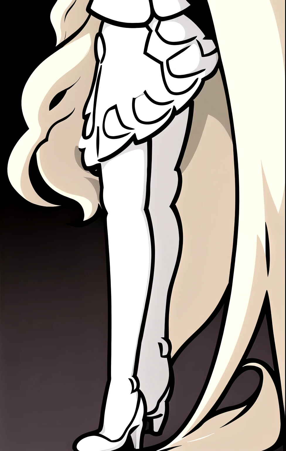 a beautiful girl, white skinned, long hair, platinum blonde hair color, cream colored cotton shirt, brown skirt, black high heels, 1girl, detailed artwork, long flowing hair, serene expression