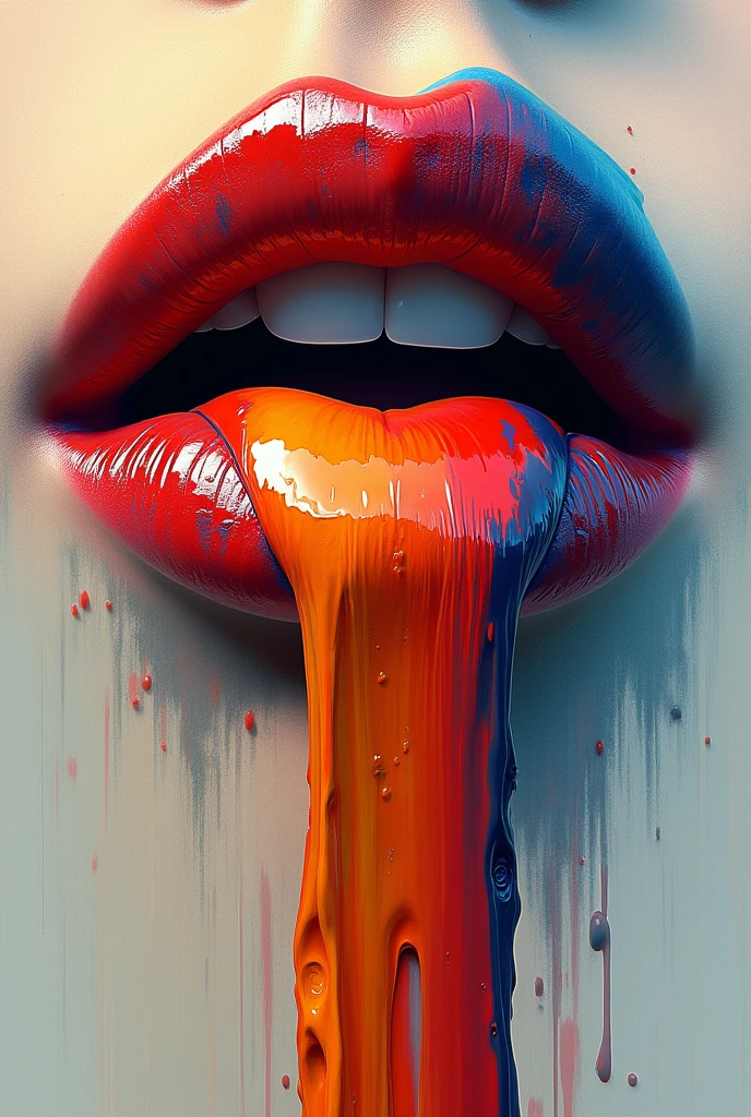 Image of lips with a stream of paint falling from them, that they are very abstract with many colors, that looks aesthetically beautiful enough to put in a painting, that they are rather lively