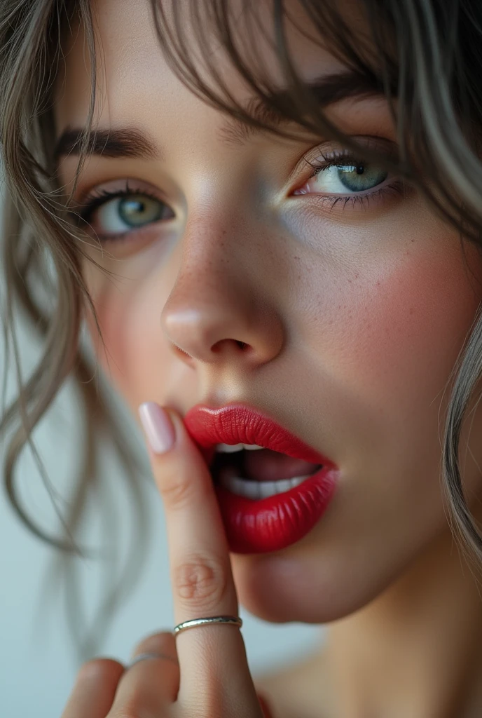 Real close up photo, very close, a beautiful Russian young woman, detailed face, detailed, skin texture, detailed grey eyes, looking to the viewer with pleading eyes, sucking own finger, sexy red moist lips, slightly open lips, natural makeup, messy ash-grey hair, backlight bright white studio lighting, soft front right and left studio lighting, bright photo, ultra sharp focus, highly detailed, intricate detailed
