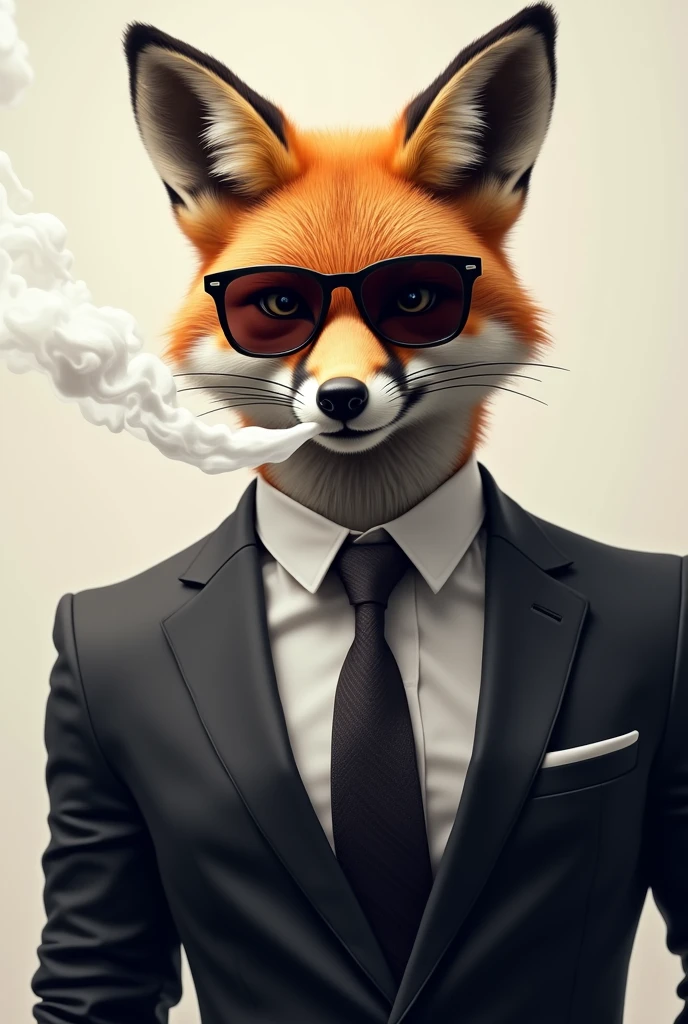 Generates a male fox in a smart suit and sunglasses smoking a vape in style and blowing smoke out of his mouth