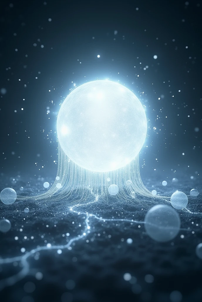 The unit On a black background with stars a bright light in the center like a flame of white fire symbolizing our creator in the shape of a white ball Infinite balls of lights spinning around symbolizing the spirits all united by white threads in the center