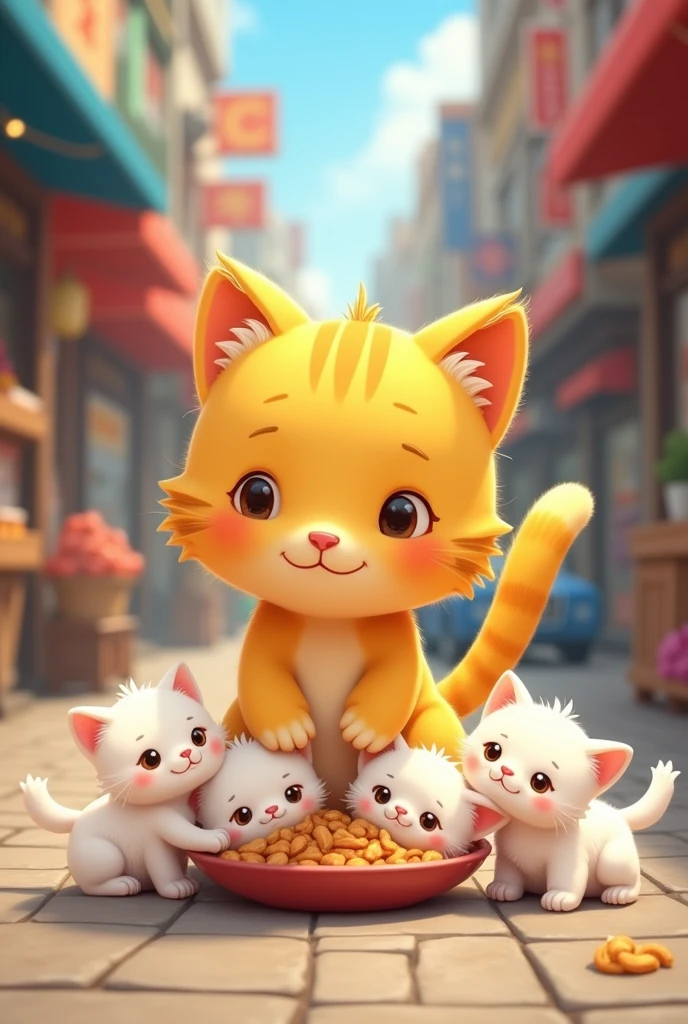 cute yellow cat white kittens is hungry cute yellow cat has on food for kittens
Market building street cars shops of fish