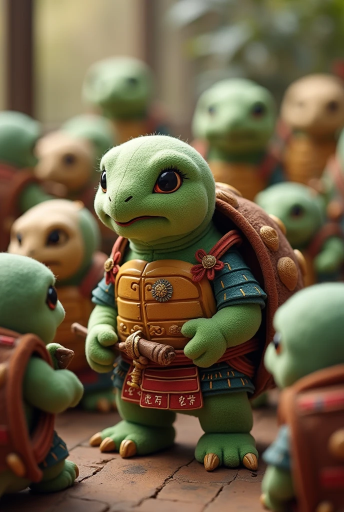 A stuffed turtle dressed as a samurai　Bring along your stuffed animal companions　All the stuffed animals are turtles　Make them all stuffed turtles　10 friends is good　With a cannon on his back　Strengthening the plush feel