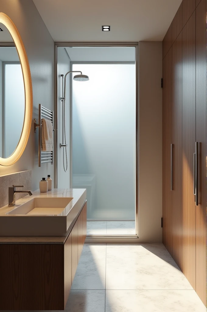  contemporary bathroom , small frosted glass window, super realistic render vray, with glass box up to the ceiling , suspended sanitary ware, stone sink countertop, wooden panel ,premium bathroom design, Cinematic Soft Vray,high quality rendering, render vray, Smooth, studio-quality rendering, vray 8k rendering, very realistic 3D rendering, render in vray, very realistic render