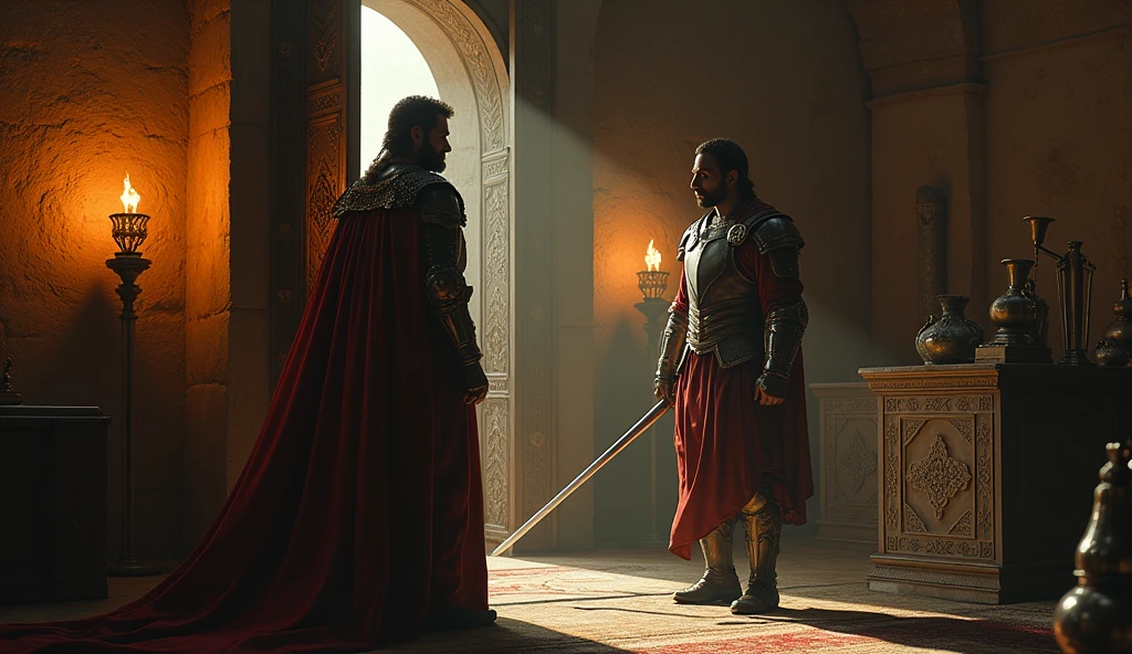 In a dimly lit room filled with ancient artifacts, King Roderick, dressed in luxurious royal garments, stands before a large, ornate door. Behind the door, Thariq bin Ziyad, the Islamic warrior with a thin beard, emerges, fully armored and holding his curved sword. The room is filled with an eerie glow, and the atmosphere is thick with the sense of a prophecy being fulfilled. The background shows the stone walls of the palace, with torches casting long shadows. The scene is rendered in a cinematic, ultra-realistic style with dramatic lighting