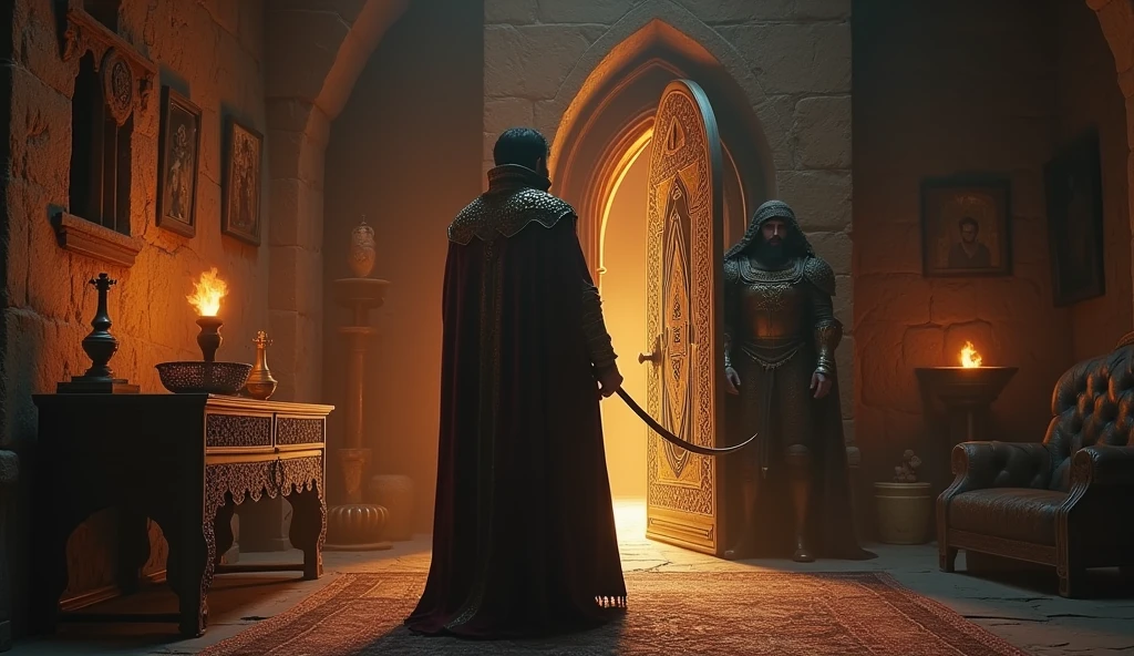 In a dimly lit room filled with ancient artifacts, King Roderick, dressed in luxurious royal garments, stands before a large, ornate door. Behind the door, Thariq bin Ziyad, the Islamic warrior with a thin beard, emerges, fully armored and holding his curved sword. The room is filled with an eerie glow, and the atmosphere is thick with the sense of a prophecy being fulfilled. The background shows the stone walls of the palace, with torches casting long shadows. The scene is rendered in a cinematic, ultra-realistic style with dramatic lighting