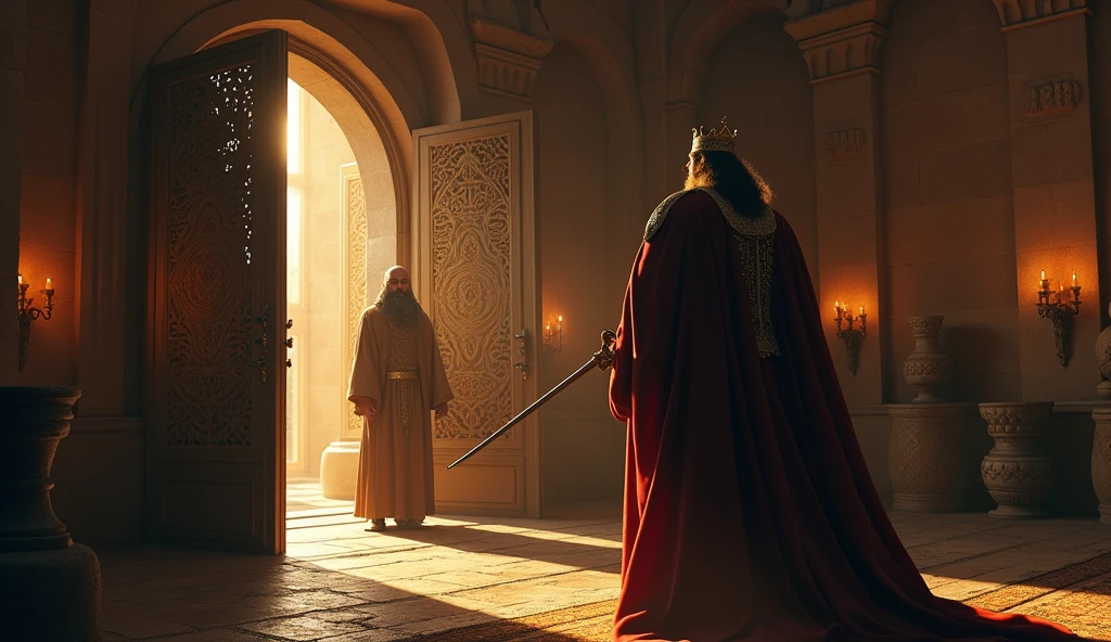In a dimly lit room filled with ancient artifacts, King Roderick, dressed in luxurious royal garments, stands before a large, ornate door. Behind the door, Thariq bin Ziyad, the Islamic warrior with a thin beard, emerges, fully armored and holding his curved sword. The room is filled with an eerie glow, and the atmosphere is thick with the sense of a prophecy being fulfilled. The background shows the stone walls of the palace, with torches casting long shadows. The scene is rendered in a cinematic, ultra-realistic style with dramatic lighting