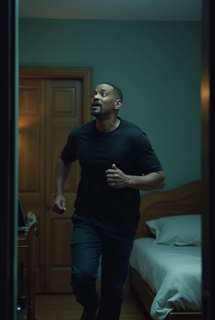 will smith, in a room, american shot, a door in the background, cinematic light, running, (room whit a bed on the right and closet on left:1.5), since his crying