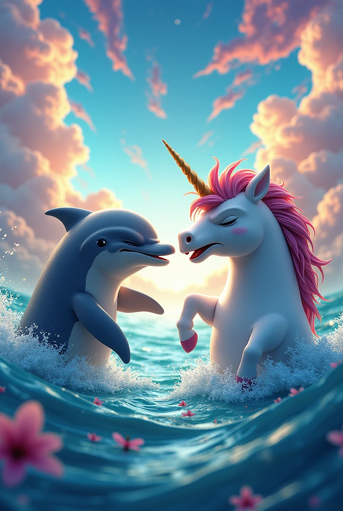 An image of a dolphin with a disgusted face ,a unicorn with a disgusted face, out in the sea with lots of colors and rainbows and flying with lots of colors, realist