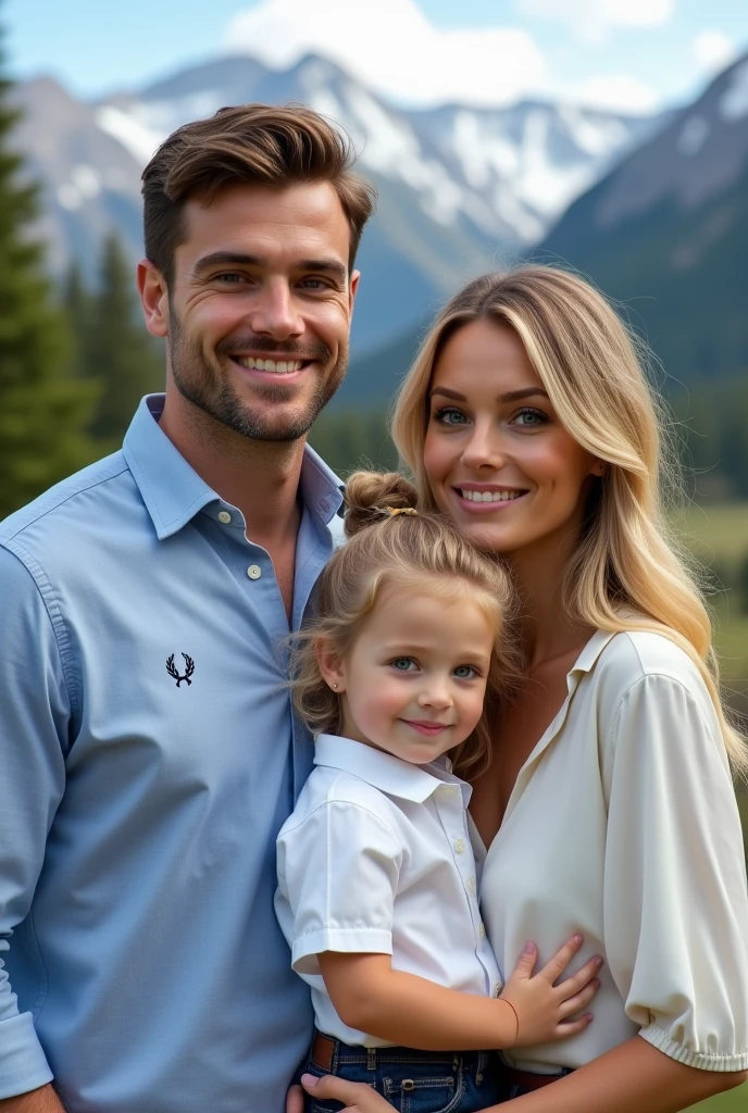(Photorealism:1.2), man with brown eyes and dark brown hair wearing light blue dress shirt Fred Perry with his blonde wife green eyes long hair wearing white Ralph Lauren dress shirt in Aspen with an blonde child with blue eyes 8k ultra realistic photorealistic super detailed the best possible