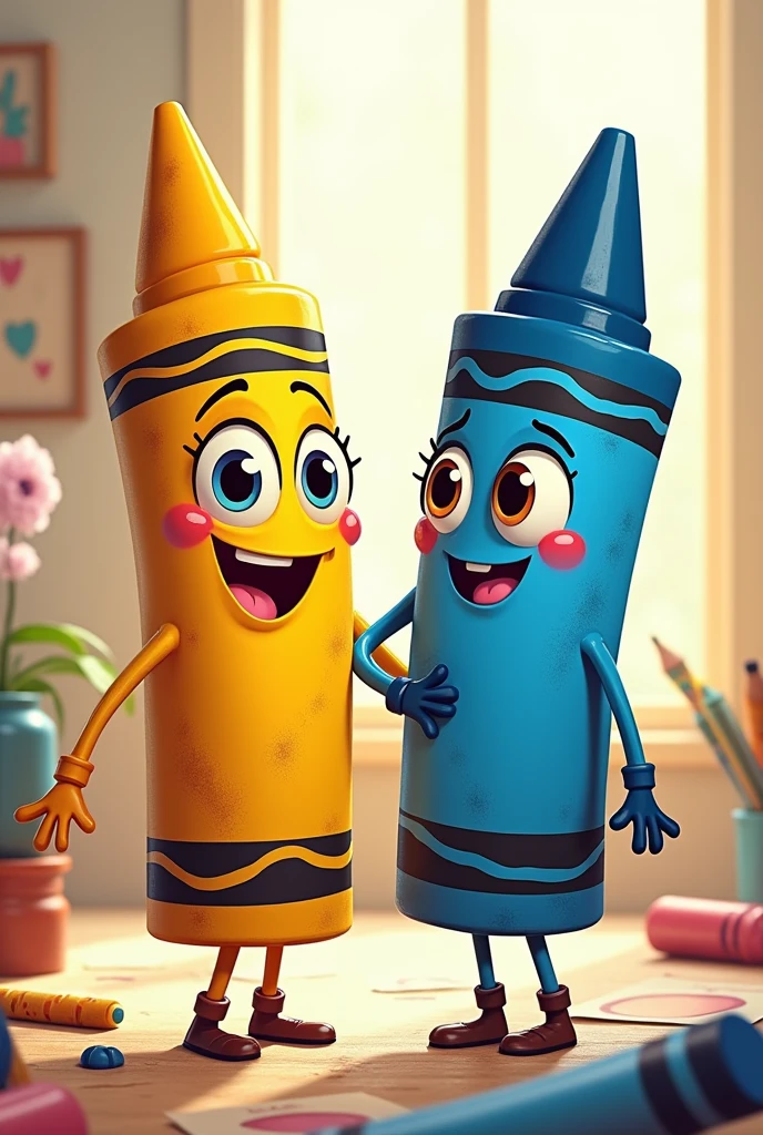 Crée deux personnages animés en forme de crayons. Le premier crayon est de couleur jaune avec une expression joyeuse, des yeux grands et expressifs, et un l. Le deuxième crayon est de couleur bleue, avec une expression curieuse, des yeux vivants, et une petite moue. Les deux crayons doivent avoir des bras et des jambes en forme de dessins animés, et être dans une pose dynamique, comme s'ils étaient en train de discuter ou de jouer ensemble. Le fond est simple et coloré, avec des éléments de dessin tels que des esquisses ou des papiers pour renforcer le thème de l'animation. Les personnages doivent avoir un style cartoon, avec des traits doux et des couleurs vives.