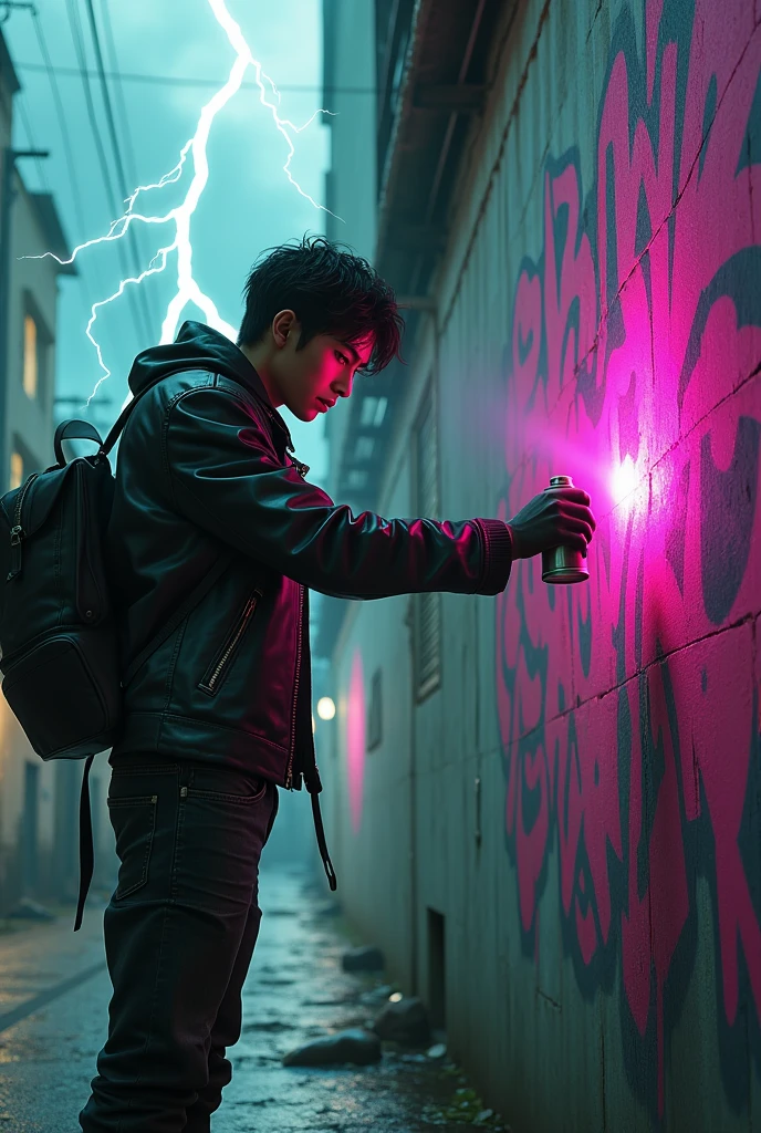 A Japanese gangster boy graffitiing on a wall in fuchsia and thunder falling from the sky with a greenish turquoise background