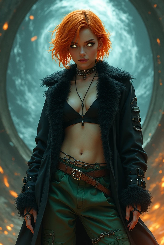 Female age 25, white skin, white glowing eyes, eyes full of mascara, sexy eyes, x-men storm eyes, short orange visual kei hair, black magic portals, bright black furry trench matrix gabardine open, green cargo pants, cyberpunk japanese style, chains around the belt, athletic, magic powers, action, leather brown boots with metal pins, black cat nails, wushuu pose, hurricanes background
