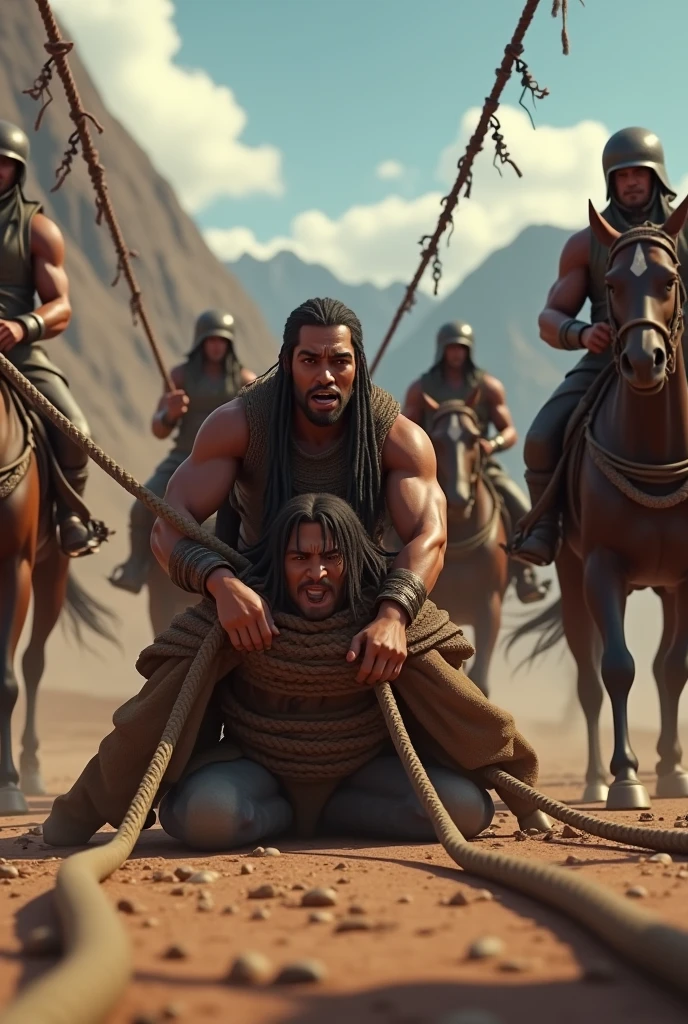 Give me an animated image where Tupac Amaru the second is being murdered by Spaniards mounted on horses (4 horses), where each horse is tied with a thick rope and this is tied to each limb of Tupac Amaru, thus causing the rope to tighten. and be rigid
