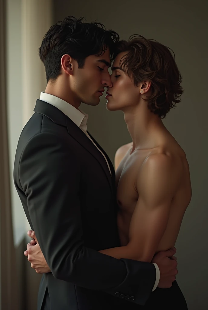 create an image where a 1 boy appears who is alpha, muscled body, Black hair, brown eyes and hugging a 1 boy, delgado, omega, brown hair and honey colored eyes. The alpha has to have formal clothes and the omega casual clothes. They are looking at the camera