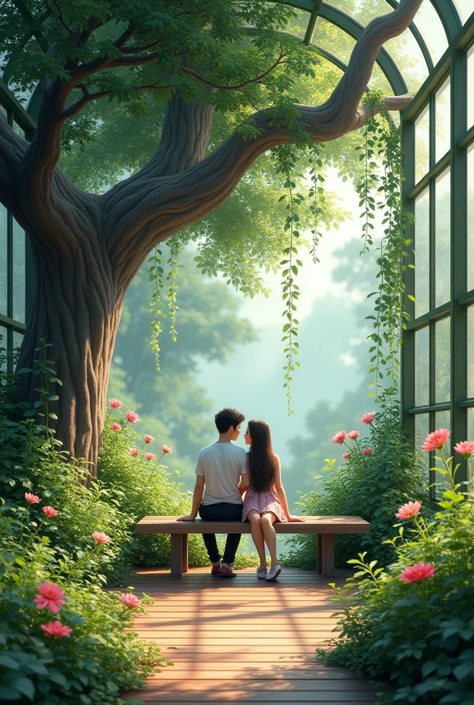 I need indoor garden covered by glass and i need that indoor garden including nice shadow tree and a bench under that tree also cute lovely couple on that bench
