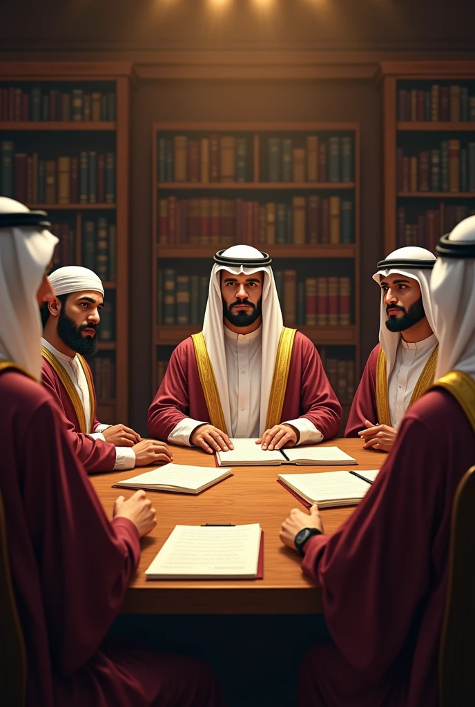 Visual: Umar led the meeting with the companions around him, show a firm but fair attitude, with books and legal notes in front of him.