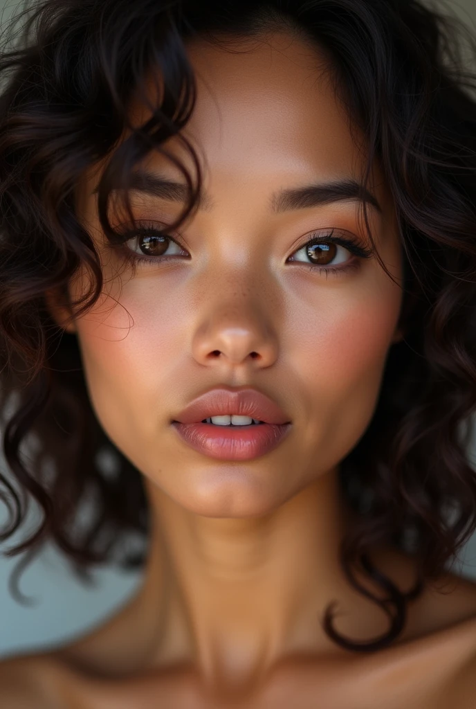 ((Hyper-realistic)) ((hyperdetailed)) high quality image of a Blasian girl with beautiful (( expressive brown eyes)) ((thai features)) cute mouth ((attractive lips)) curly hair, ((lifelike skin texture)) wearing a white trendy top ((detailed skin)) ((hyperrealistic)) ((brown skin)), asian, Blasian, 20 yo adorable female, Blasian, Fujifilm, XT3 grain, selfie, UHD, high quality, A masterpiece, best quality, 8k