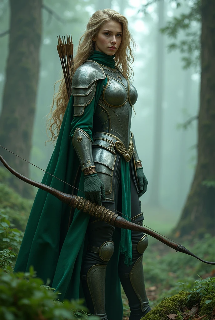 Tall female warrior, 3, long wavy hair, green and silver armor, bow and quiver with arrows, forest in the background, fog, fantasy