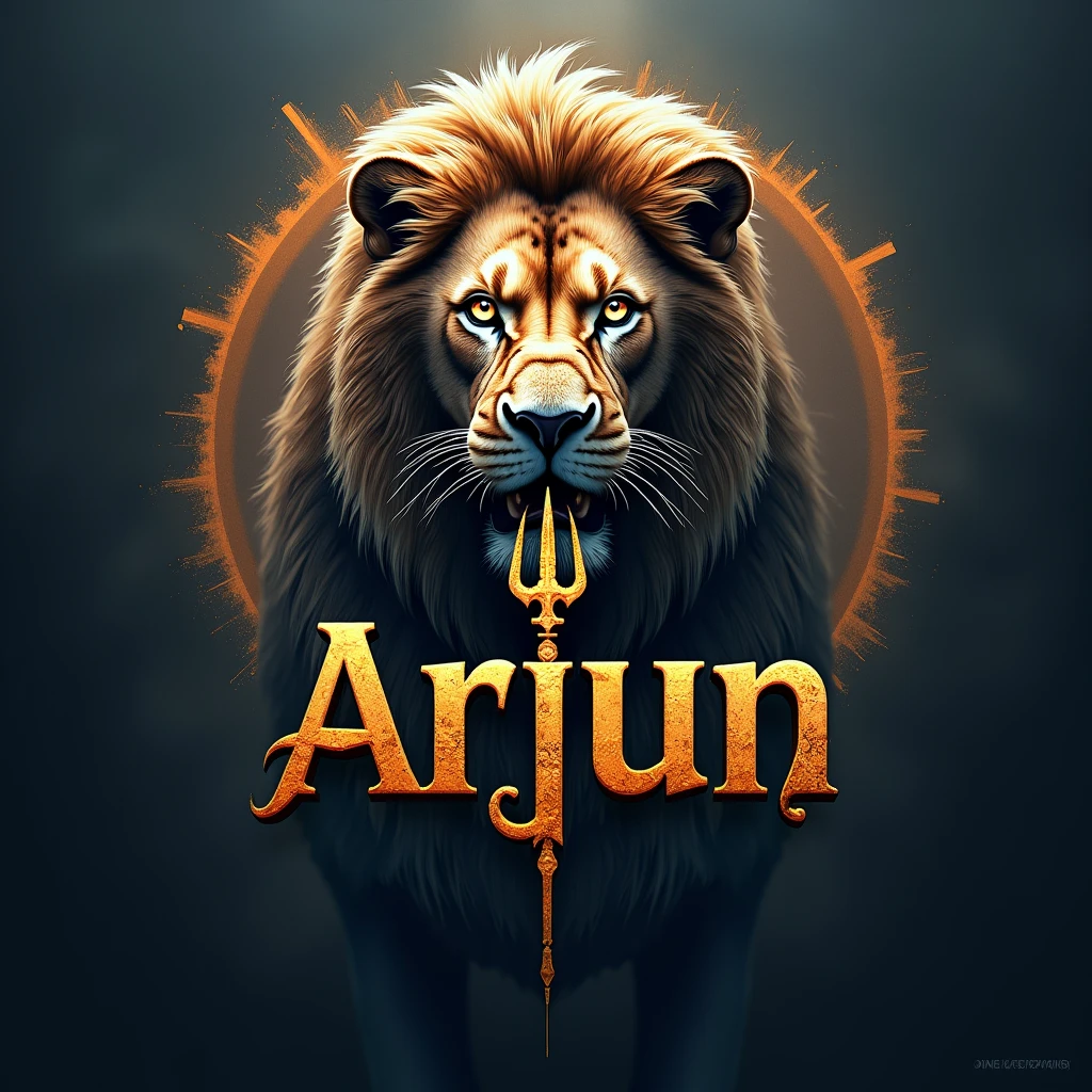 Create a realistic image logo name with "ARJUN🔱" with using this emoji 🔱  in the name where a lion holding the logo name with his teeth and there is a eye shadow of lord Shiva in the background