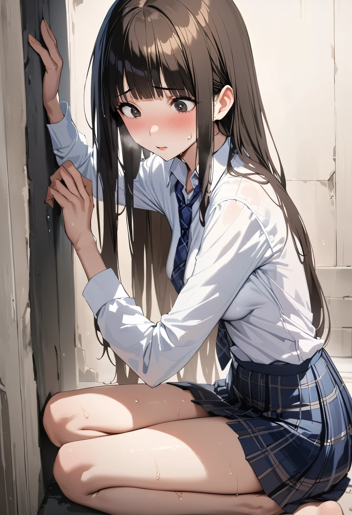 Pornographic Art、((masterpiece,best quality anime,Highest quality:1.3)),realistic,portrait,cowboy shot,,1woman,(Mature Beauty),((very small head:1.4)),((very long body:1.3)),long hair,black hair,bangs,(gorgeous big eyes),black eyes,shy,orgasm,(School uniform、Navy blue tie、Dark blue plaid mini skirt,white collared shirt)Long sleeve,((slender body:1.3,skinny:1.2)),medium breasts,barefoot、sweat,sitting,leg up,Love juice,Dark basement、Concrete Room、Dim lighting、at night、Magical fantasy world、nsfw,