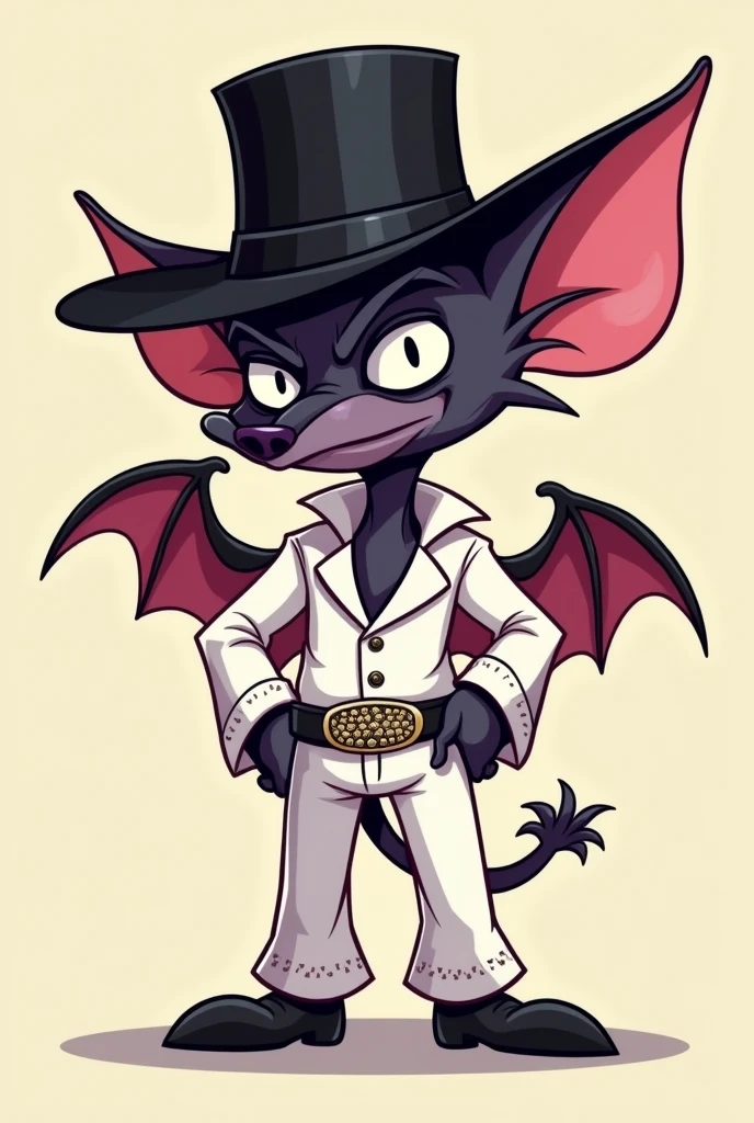 Cartoon bat with black gangster hat, with Elvis Presley's clothes