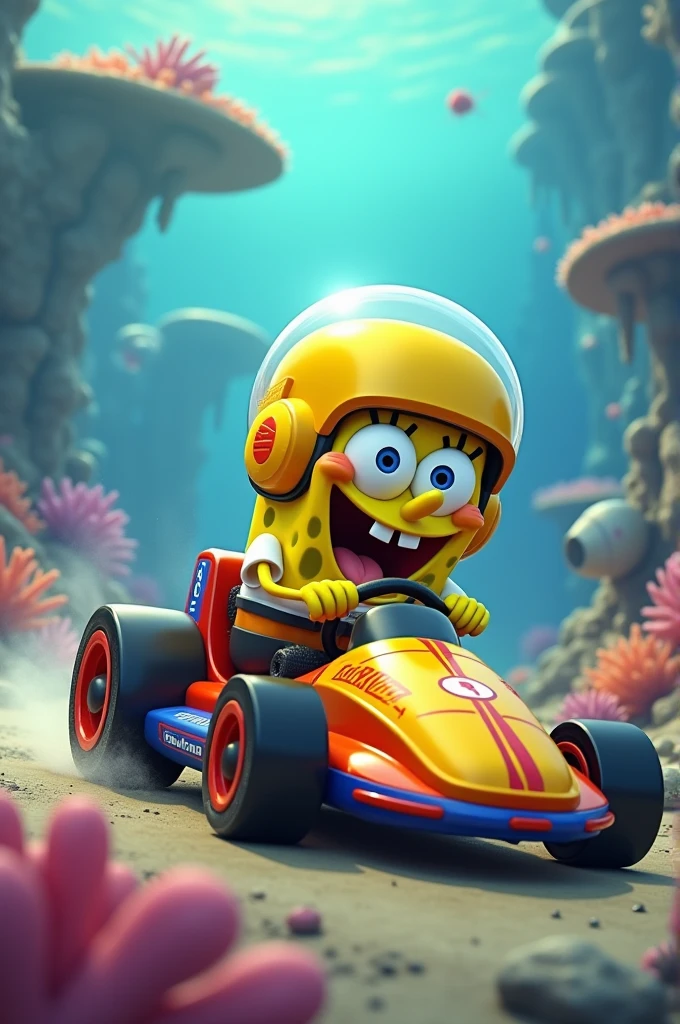 Spongebob with helmet driving a hot wheels car