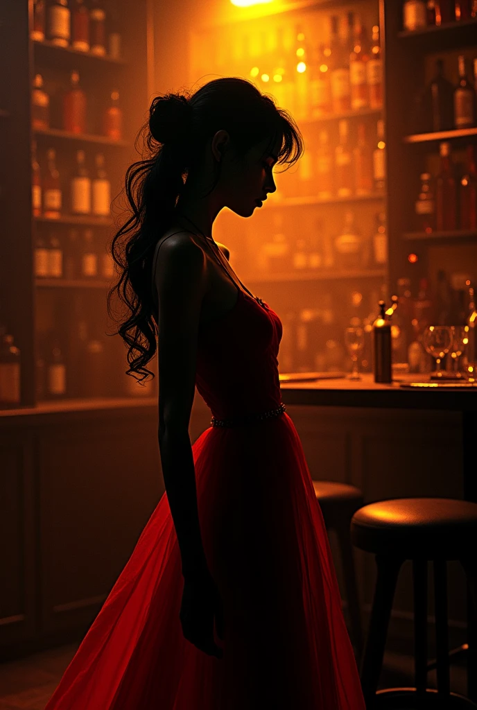 Dark Ambient silhouette of a beautiful woman in a red dress, whiskey bar, relief, perfect anatomy of the whole body, curves, oil painting, red-yellow drops, thin flowing lines, wax, long strokes, light delicate shades, + 36.5 mm f0 cinematic quality, + style by Jeremy Mann, Peter Elson, Alex Maleev, Ryohei Hase, Rafael Sanzio, Pino Daheny, Charlie Bowater, Albert Joseph Penaud, Ray Caesar, Giger, Jay Fu, Gustave Dore, Stephen Gammell, masterpiece of artistic portrait, multi-layered sheets, techniques used: lithography, chiaroscuro, atmospheric perspective, unreal engine, Greg Rutkowski, Leusch, Rads, Beeple, Makoto Shinkai and Lois van Baarle, Ilya Kuvshinov, Rossdros, Tom Bagshaw, Alphonse Mucha, global illumination, detailed and complex environments... biopunk style, doll face, intricate fine line art, intricate, 8k, ultra detail, artstation trends, sharp focus, studio photography, intricate details, high detail, by Greg Rutkowski