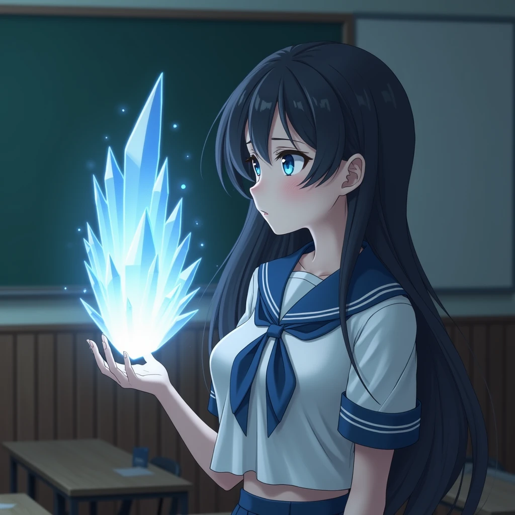  (Holding a glowing crystal in one hand:1.4),  (Eyes mesmerized by the light of the crystal:1.4), (Detailed facial profile with a thoughtful expression:1.4), (Facial Art:1.3)　Sailor suit、Japanese Girl、Black Hair、Long Hair、sense of cleanliness、Sleepy eyes、Staring straight into the crystal、Hollow Eyes、Highest quality、classroom、No pupil、Looks sleepy、Half-closed eyes、Expressionless、Sleepy eyes、Eyes that seem to close、Upper Body、I can see your chest、mini skirt、Large Breasts、The crystal emits a mysterious light.、Enchanted eyes、Fascinated face、Sleepy face、Staring at the crystal
