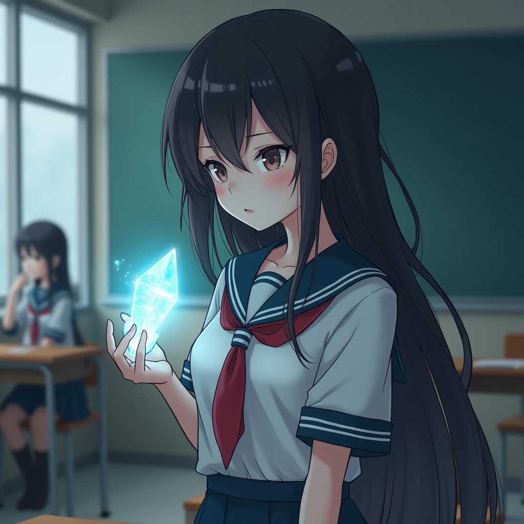 (Holding a glowing crystal in one hand:1.4), (Eyes mesmerized by the light of the crystal:1.4), (Detailed facial profile with a thoughtful expression:1.4), (Facial Art:1.3) Sailor suit、Japanese Girl、Black Hair、Long Hair、sense of cleanliness、Sleepy eyes、Staring straight into the crystal、Hollow Eyes、Highest quality、classroom、No pupil、Looks sleepy、Half-closed eyes、Expressionless、Sleepy eyes、Eyes that seem to close、Upper Body、I can see your chest、mini skirt、Large Breasts、The crystal emits a mysterious light.、Enchanted eyes、Fascinated face、Sleepy face、Staring at the crystal