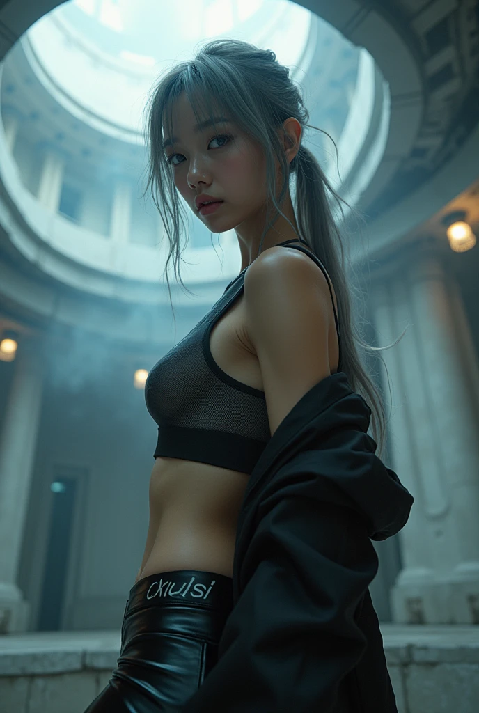 (nsfw:1.3), masterpiece, Best Quality, hyper Realistic, A mysterious and sophisticated beautiful young gravure Japanese woman with blue eyes wears futuristic and sexy fashion art. back shot, focus ass, from below, Detailed clothing, woman is climbing at a wide angle, with her full body in frame. (huge Round and Plump Muscular buttocs), Sensual curve, sexy oily skin, sexy large breasts, slim waist, /// A sporty and modern outfit featuring a cropped top with a subtle black logo "AGPI", , designed to accentuate the body’s contours. The top is paired with (fish net mesh) overlay that adds a stylish, athletic vibe. The cropped length of both tops creates a layered look. Completing the outfit is an oversized jacket that provides a cool and voluminous contrast, balancing the overall appearance and enhancing the active, abs, urban aesthetic. /// The wear hugs her body tightly, accentuating her curves and digging sensuously into her skin, hyper small head and face, wide and big Duck mouth, half open mouth, perfectly aligned teeth, perfect beautiful wide teeth, Detailed eyes, light blue eyes, half open eyes, shiny Droopy eyes, gray hair, looking other, She is situated within the interior of a futuristic colony, with mist drifting and steam rising from concrete