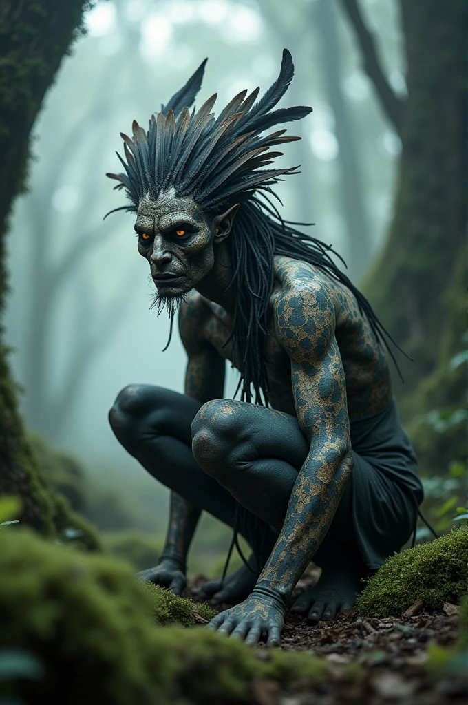 Generate a highly detailed and atmospheric scene of a mystical forest creature crouching in a misty woodland setting. The creature has an otherworldly appearance, with intricate body paint resembling cracked earth, and wears elaborate feathered adornments, including a headdress made of dark and light feathers. The creature's face is partially masked, with sharp, angular features and intense, almost haunting eyes. The environment around is dense with fog, with tall trees and §4.7K moody, ethereal ambiance, emphasizing the creature's connection to the mystical forest